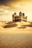 Placeholder: Abandoned castle blurred, in desert. Traveler with carrier passes by. Sandstorm nearby