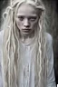 Placeholder: Emotive photographic image - stunningly beautiful, 15 year old albino girl chechen facial features anorexic. sickly, pale skin. blotches on skin. wild, very long, floor length, wavy wispy ghostly white hair in messy braids. ghostly white eyebrows and ghostly white eyelashes. lovely face, sculpted cheeks. beautiful, succulent, pale lips. barefooted. cinematic dynamic masterpiece, hyper realistic film still, beautifully detailed, soft lighting, ethereal, sparkle, beautifully lit, dramatic lighting