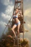 Placeholder: dressed woman on the ladder above clouds