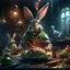 Placeholder: infernal portrait of chopped crazy scientist and army officer irradiating food inside grove with huge fluffy levitating yoga hare with nightmare mutations, 4 k, down-light, soft light, depth of field, photo realism, trending on art station, high detail, spray paint