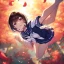 Placeholder: Clear focus,High resolution, one girls, Short brown hair, Purple eyes, Wearing a sailor uniform jumping with blurry sakura leafs falling down