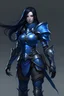 Placeholder: female with long black hair, wearing blue metal armor, whole body