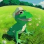 Placeholder: A green frog smiling with a big light blue hat on, wearing blue work overalls, skipping and dancing around in a field during a sunny day. Bokeh, fisheye.