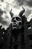 Placeholder: surrealis monochrome A fragmented, surreal sculpture liguid color of photorealistic image 3d,psychedelic art glossy emerging from devilish a crumbling building. The face appear and intricate details, evoking a haunting expression. set against a backdrop of stormy, cloud-filled skies. bauhaus art The overall tone is dark and moody, suggesting themes of decay and transformation.