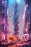 Placeholder: A Epic tree carved into cyberpunk city, building both side of road, dusk, masterpiece , art by jorge pardo, photorealistic, pinkish color, meditative vibe, ornate, wide view