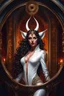 Placeholder: Dramatic art, amazing view, race Castanic, demonic lady full body, long hair, little horns, elegant white leather outfit. oil painting, divine proportion, highly detailed, vibrant, trending on artstation, sharp focus, photoshoot, intricate detailed, highly detailed, tera, chills run through my soul. higher quality, masterpiece, vignette, legendary rich, gorgeous