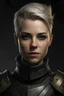 Placeholder: portrait of a woman with angular features, short platinum blond hair, grey eyes and elf ears wearing black and grey military style armor