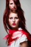 Placeholder: A beautiful portrait of a young German woman, red color scheme, high key lighting, volumetric light high details with white stripes and feathers