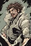 Placeholder: deranged man with messy hair and stubble comic book style