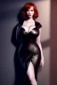 Placeholder: Christina Hendricks dressed in black leather gown, frank miller sin city, busty, cleavage, volumetric lighting, particales,highly detailed,cinematic, deep colours,8