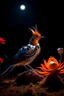 Placeholder: A hoopoe without color bird, stands on a dead flower at night a glowing flower