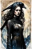 Placeholder: create a deeply evocative, and darkly magical full body ink wash and watercolor illustration of an epic fantasy raven maiden girl with highly detailed and deeply cut facial features, in the style of EDWARD BURNE-JONES, WILLIAM MORRIS, and KATHE KOLLWITZ combined with the comic art style of BILL SIENKIEWICZ and JEAN GIRAUD MOEBIUS, searing lines and forceful strokes, precisely drawn, inked, and colored