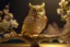 Placeholder: An image of a crystal owl covered in gold etching and diamonds, perched on a branch of cherry blossoms. The scene is illuminated by a soft, ethereal light, enhancing the intricate details and textures of the bird and the surroundings. The art style is detailed, realistic, and captures the magical essence of the scene, trending on ArtStation. The composition combines elements of classical elegance and modern fantasy, reminiscent of the masterful works elegant fantasy intricate high
