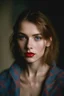 Placeholder: Face portrait of a beautiful Polish young woman taken by a Mamiya M645 camera with portrait lens on colour medium-format film, red lips, blue eyes, pored skin, hard light, skin isn't smooth