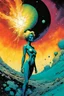 Placeholder: create an imaginative hybrid female extraterrestrial being, filming the exploding chaos of a dying star, in the comic book art style of Bill Sienkiewicz, Mike Mignola, and Jean Giraud Moebius, finely textured, drawn, colored, and inked