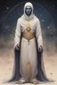 Placeholder: A humanoid composed of pure universal matter, stars and constellations visible under his robe, wrapped in bandages,Arabic setting,