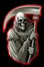 Placeholder: Grim-Reaper gripping scythe, vignette, black and white graphic novel style with a red outline, and black background,
