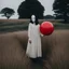 Placeholder: a no face woman with mask standing in a field holding red ball, inspired by Ren Hang, design milk, long black hair, whites, wanderers traveling from afar, trending on artisation, cloning spell, coat pleats, in twin peaks, submarine, by Helen Thomas Dranga, symetry, round-cropped, noire photo