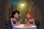 Placeholder: lady and the tramp eating spaghetti in an alleyway under a streetlight, cartoon, disney, romantic