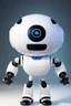 Placeholder: cute minimalistic robot with a big head, small and simple body, oval forms, digital face with pixeled eyes, happy face, head and body as one, white skin, no legs, no feet, integrated painter arm, 3/4 angle, awesome pose, white background