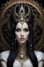 Placeholder: detailed beautiful goddess Hel with long black hair, pale white skin, detailed eyes, sitting on the throne of Helheim, inquisitive spirit | inspiration | dark colors, intricate detailing, surrealism, fractal hair, enigmatic villainess smile, dressed in complex chaotic fractal leather, artificial nightmares style, reflective eyes, detailed eyes, detailed art deco ornamentation, Cinematic lighting, Volumetric lighting,Photorealism, Bokeh blur, Very high detail, Sony Alpha α7, IS1900