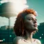 Placeholder: A beautiful portrait of a cyberpunk woman with lot's of grain on her skin red head with natural curly hair flying in the wind cyborg smiling facing camera orange color scheme, high key lighting, volumetric light high details with white stripes and feathers unreal 5, octane render, cinema4d, dynamic lighting, dramatic lighting, 4k, redshift render, highly detailed, hyper realistic