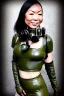 Placeholder: Steam-punk style random-mask. Large fencing mask covers chin and cheeks. Hot girls. Reflective surface on face, full coverage, reflective. Camera lenses as eyes. Head full of integrated old-fashioned cameras and phone. Army green surfaces body, latex. Perfect body, thick thighs and calves. Asa Akira's body. Wide hip, skirt bleats nicely. Partly symmetrical. Straitjacket. Rusty and decayed background. Steam-plunge air-bottles. Euclidean 3D-tiling walls. surrealistic. Oppressive atmosphe