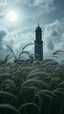 Placeholder: Windblown grass with winds with clouds and moon in the background, high quality picture 8k, beautiful cinematic lighting and all gray colors , a tall old tower building in background