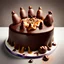 Placeholder: A very wonderful birthday cake consisting of several layers of chocolate, caramel and hazelnuts surrounded by happy children with whom a beautiful little girl is celebrating her birthday.