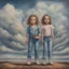 Placeholder: Surreal painting of 2 little girls, jeans, big eyes, the sky in the background