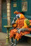 Placeholder: Half parrot half human in a 1700s Orange Dutch uniform siting on a bench , smoking a cigarette in a Dutch city
