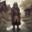 Placeholder: Ababael is a drow with dark silver skin medium straight dark silver hair with a full beard in brown and tan swamp clothes, background swamp village, in chibi art style