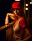 Placeholder: woman with a red baseball hat. leaning on a wooden balcony. night time. fantasy. studio lightining.