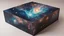 Placeholder: a box 10 cm long by 5 cm wide and 25 cm high, drawn on a box on all sides, butterfly nebula, space, tress, planets,, realistic