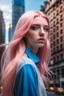 Placeholder: Hyper realistic model with long pastel pink hair and blue eyes in a city scape