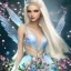 Placeholder: Fantasy fairy with transparent wings, smiling, make up, long platinum blond hair with crown and flowers, blue dress, flower background