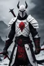 Placeholder: The character, depicted in a striking white armour against a dark wintry backdrop stands with his hands behind his back inside the scene, he has a red and black circular symbol on his chest like a shield, a black pointed spear with a red handle on his back, His eyes are showing a dynamic yet menacing expression and he wears a black oni mask with white teeth covering the bottom part of his mouth he has brown shoulder pads and a white karate belt with a bag attached to it. He has dark brown hair.