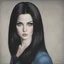 Placeholder: Priscilla presley, long straight black hair, , big blue eyes, high cheeks, jeans, ,in the style of Margaret Keane
