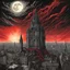 Placeholder: mother Blood over London, under her weeping sky vs under her cackling moon, open teeth wide, horror surrealism, by John Jude Palencar, by John Stephens, by Dave Kendall, maximalism, expansive hellscape, smooth, nightmarish, brilliant dark colors, crimson and black, infernal surreal sunset, ink illustration, Palencar's visceral style, dramatic