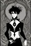 Placeholder: black haired young man necromancer wizard with gothic jewelry and tentacle fingers in the style of Aubrey Beardsley