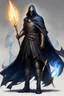 Placeholder: A commander with a black cloak and a long coat with long combat boots and a long spear with his Helmet is golden under his cloak like assasins With a magical power in his hand and a white anklet and boots With blue flame eyes