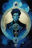 Placeholder: the symbol of an ancient Celtic male vampire coven , in the form of highly detailed triskele worked in lapis lazuli, aquamarine, and jade, with the all seeing eye at its center lapel pin, in the graphic novel style of Bill Sienkiewicz, Jean Giraud Moebius, and Enki Bilal