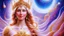 Placeholder: Create an image of a full body cosmic goddess with a smiling and beautiful face. the goddess should be depicted as a beautiful and powerful figure, surrounded by cosmic stars. her hair should be long, blond and flowing, and she should be dressed in a flowing gown blue celestial robe. in the background, include imagery of pink flowers, blue sky, trees. the image should evoke a sense of joy, celebration, and spiritual connection to nature.