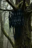 Placeholder: A group of black dark creatures hanging upside down from a tree without leaves . The tree skin is covered in moss and lichen, allowing it to blend seamlessly into its surroundings. Dark cave Spirits feed on the energy of trees and can create thick fog to confuse their victims.