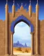 Placeholder: A gothic_arab gate in a blue tiled wall with a view of a desert landscape