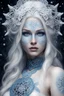 Placeholder: Snow Old Maiden, snowflakes on her head, realistic blue eyes, white hair, white skin, filigree, white tattoo on her face, Celtic symbols, high quality image, realistic image, 8k, high quality, hyperrealism