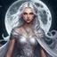 Placeholder: dungeons & dragons; portrait; digital art; teenager; female; cute; silver hair; silver eyes; greek dress; flowing dress; long veil; moonlight; moon goddess; fury