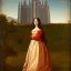 Placeholder: A Italian painting of a Latina young woman in a dress in front of a Mormon temple in sunshine in the style of DaVinci