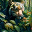 Placeholder: close up of an almost invisible Tiger HIDDEN behind amongst jungle leaves, oil on canvas in the style of Daniel Gerhartz