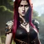 Placeholder: Realistic, hyper detailed, Ellie, 19 years old, long red hair, green eyes, medium freckles, full lips, very skimpy fantasy chainmail bikini, full body, full face, small breasts, aroused expression, biting lower lip, full frame, athletic, centered camera, ignore NSFW, arming sword on hip, thong